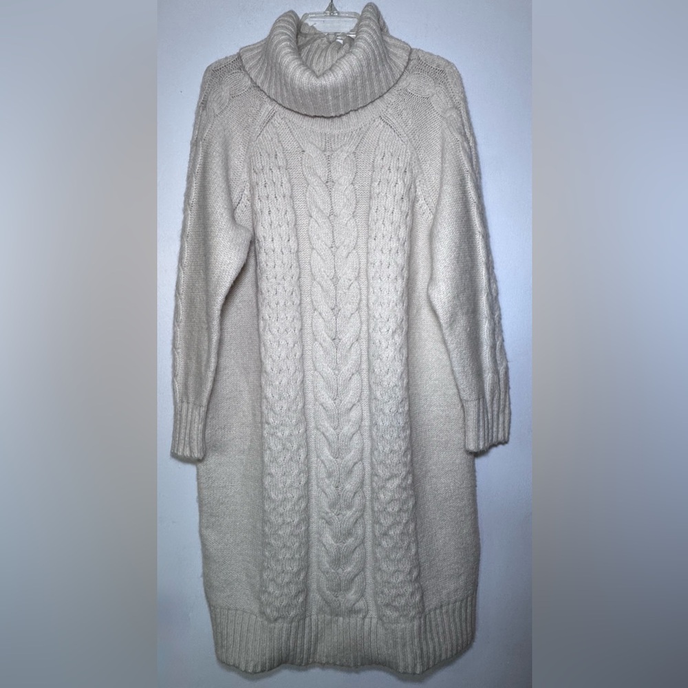 Banana Republic Cream Cable Knit Turtleneck Sweater Dress Size XL 20% wool - Picture 2 of 5